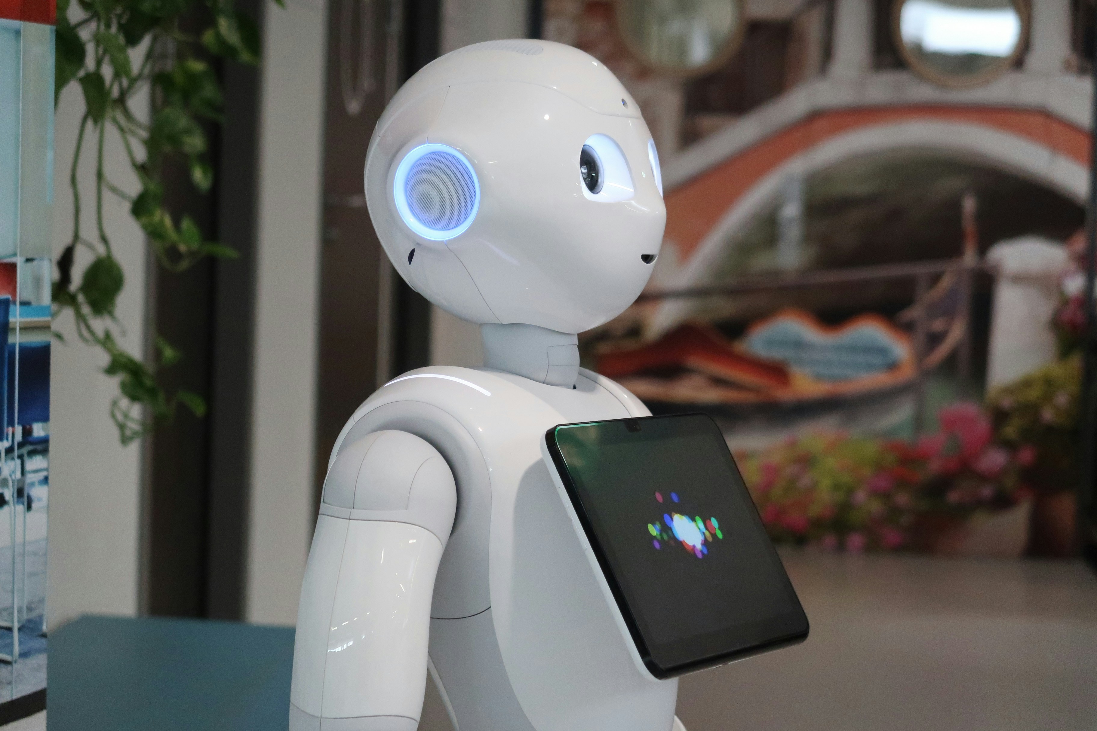 Eksperimentell robot ved Utrecht University of Applied Sciences. Roboten svarer på spørsmål fra besøkende.