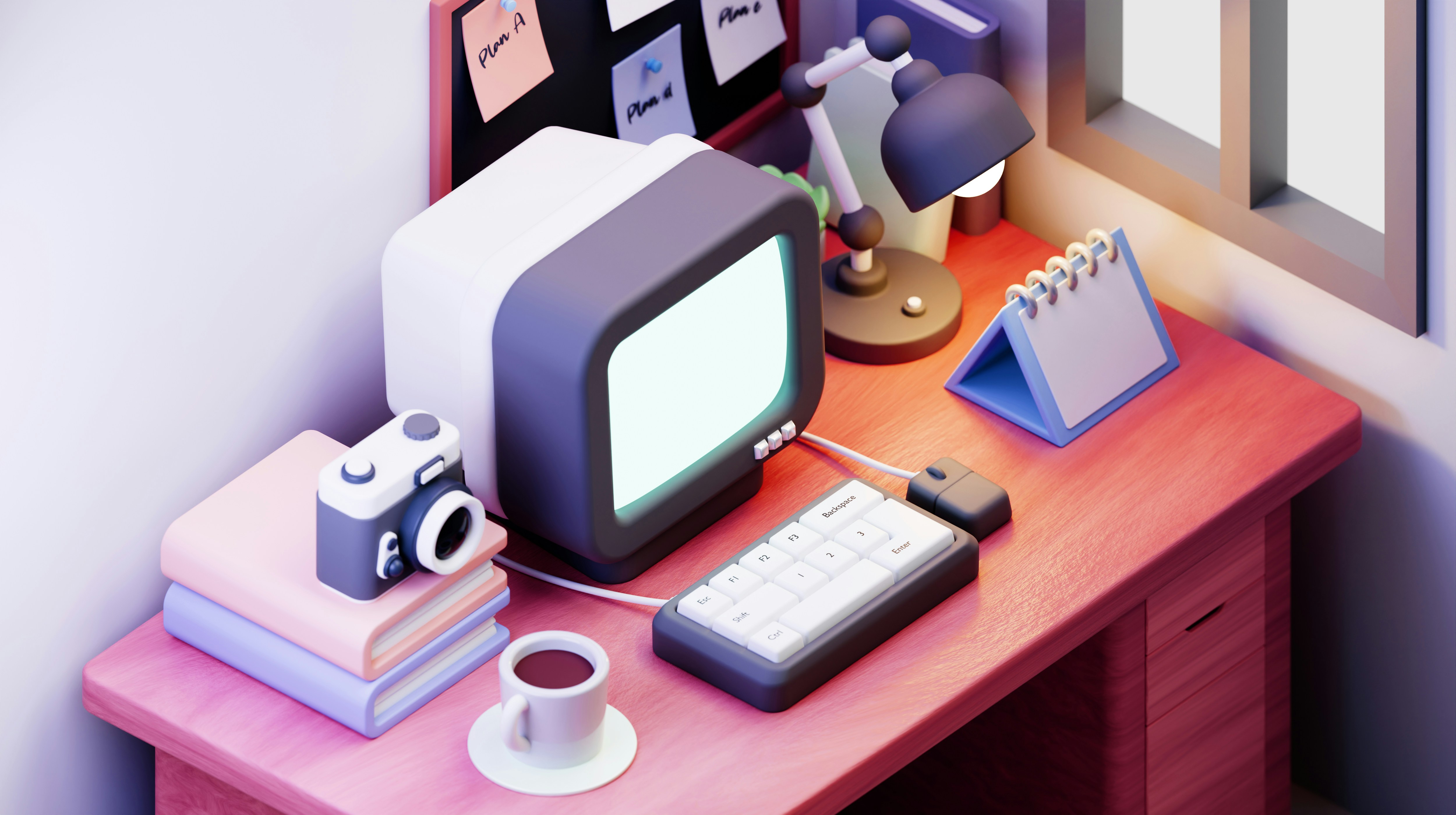 3D-illustrasjon av et skrivebord med gammeldags skjerm, tastatur, kaffekopp, kamera og en korktavle med notater.