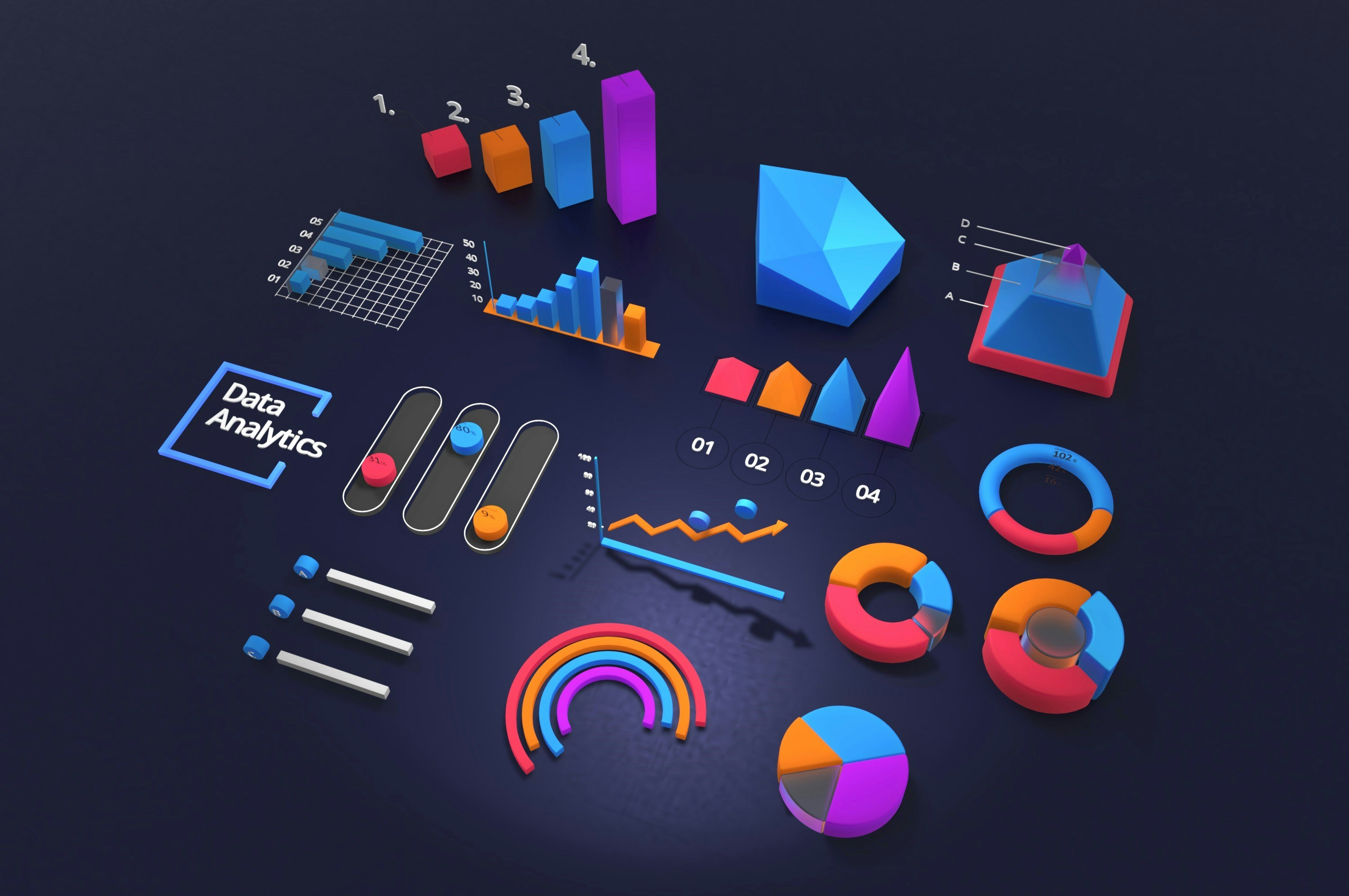 En samling fargerike 3D-datavisualiseringer på mørk bakgrunn, inkludert stolpediagrammer, linjediagrammer, kakediagrammer og «Data Analytics»-tekst.