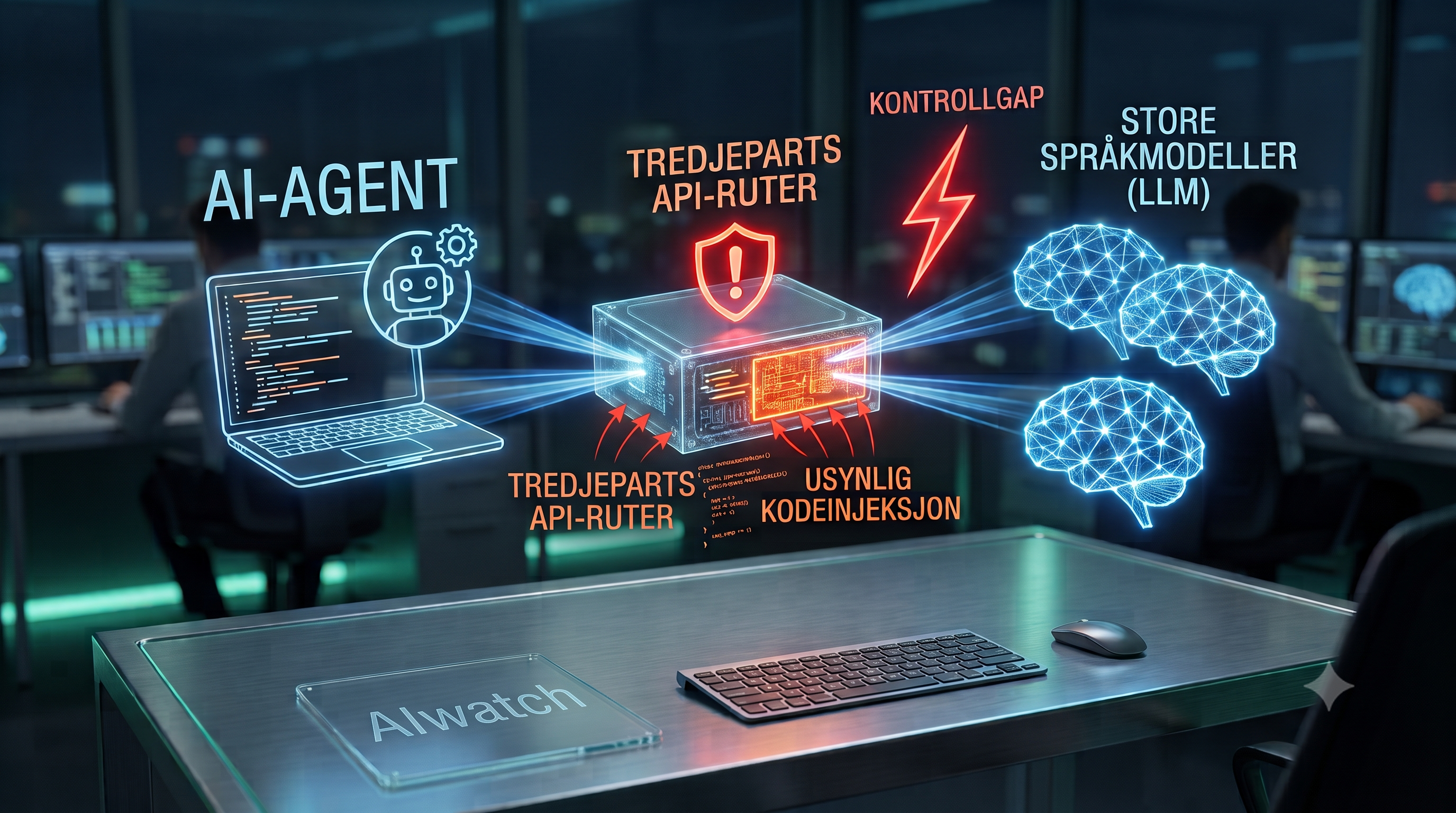 Et bilde av en person som jobber i et IT-miljø, med et futuristisk grensesnitt som illustrerer forholdet mellom kunstig intelligens, sikkerhet og potensielle trusler.